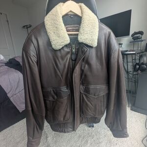 Avirex Dark Brown Leather Bomber Jacket with Shearling Collar